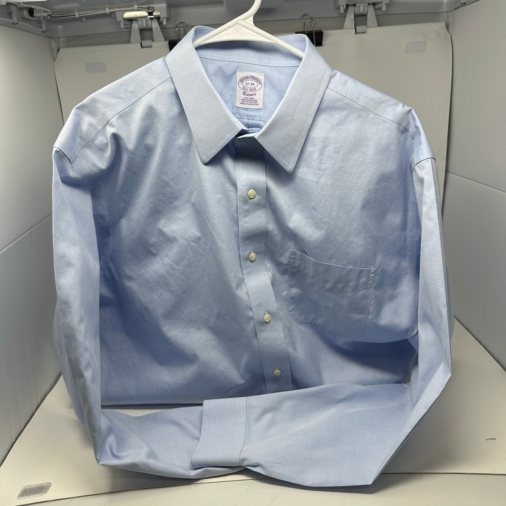Brooks Brothers Dress Shirt Men 17-34 Blue Non-Iron Supima Cotton Oxford